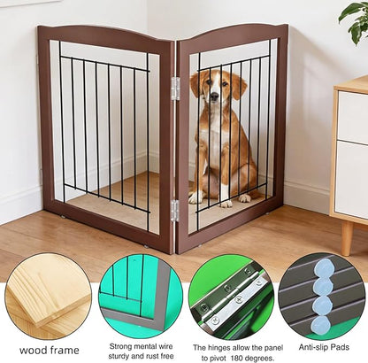 ZJSF Freestanding Foldable Dog Gate for House Extra Wide Wooden Indoor Puppy Gate Stairs Doorways Pet Gate Tall Dog Fence 2 Panels Fence Brown