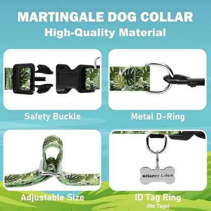 Limited Slip Collar for Dogs with Buckle Adjustable Nylon Tropical No Pull Martingale Training Dog Collars (Palm Leaf, Medium)