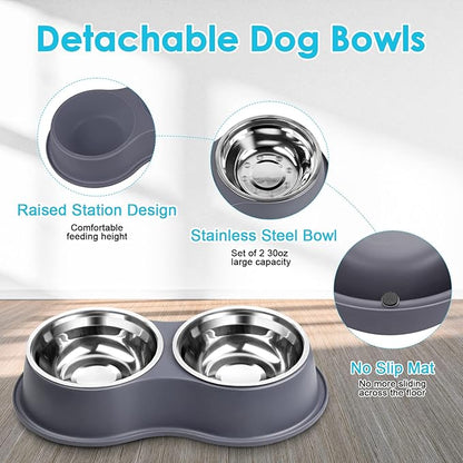 Epetslove Dog Bowls Large Double Dog Water and Food Bowls Stainless Steel Bowls with Non-Slip Resin Station, Pet Feeder Bowls Food Dish for Small Medium Large Dogs Cats