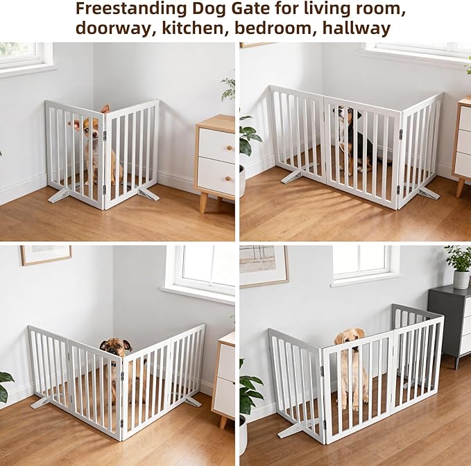 ZJSF Freestanding Indoor Dog Gate for House Foldable Wood White Puppy Gate for Doorways Pet Gate for Stairs Extra Wide Pet Fence 24" Height 2 Panels