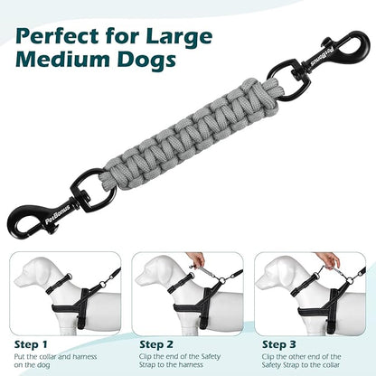 PetBonus Dog Collar Safety Clip, Handmade Backup Safety Strap for Dog Harness, Prong, Pinch Collar, Double Ended Clasp Leash Connector (Grey)
