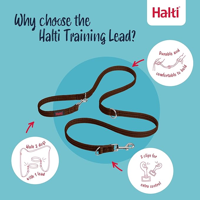 Halti Training Leash - Multifunctional Double-Ended Dog Leash, Ideal for Anti-Pulling Dog Training. Lightweight & Durable. Suitable for Medium to Large Dogs & Puppies (Size Large, Deep Walnut, 2m)