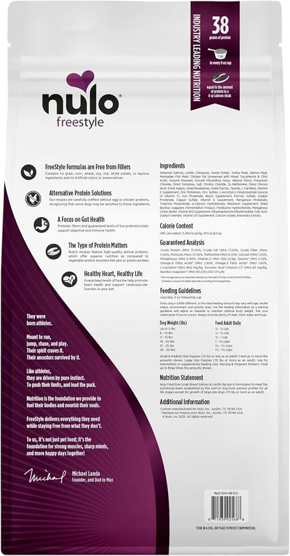 Nulo FreeStyle Small Breed Dog Food Dry - Salmon & Lentils, Puppy & Adult Grain Free Dog Food, Natural, High Protein, Smaller Sized Kibble with BC30 Probiotic for Healthy Digestion Support, 14lb Bag