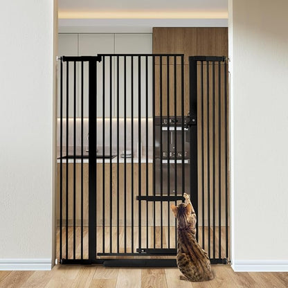 COMOMY 55.1" Extra Tall Pet Gate for Cats, 29.5-43" Extra Wide Cat Gate with Adjustable Cat Door, Pressure Mounted Easy Walk Through Pet Gate with Door for Stairs, Doorways, Kitchen(Black)