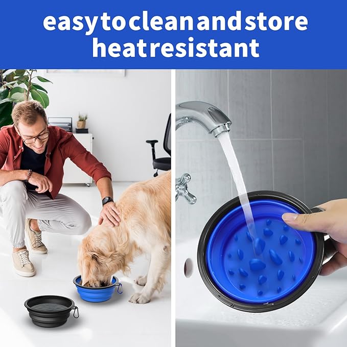 2 Pack [Slow Feeder Design + Regular], Collapsible Dog Bowl Travel Portable Pet Bowls, [34oz,1000ml] Foldable Food Water Feeding Dishes for Traveling Hiking Walking with Carabiners [Blue,Black]