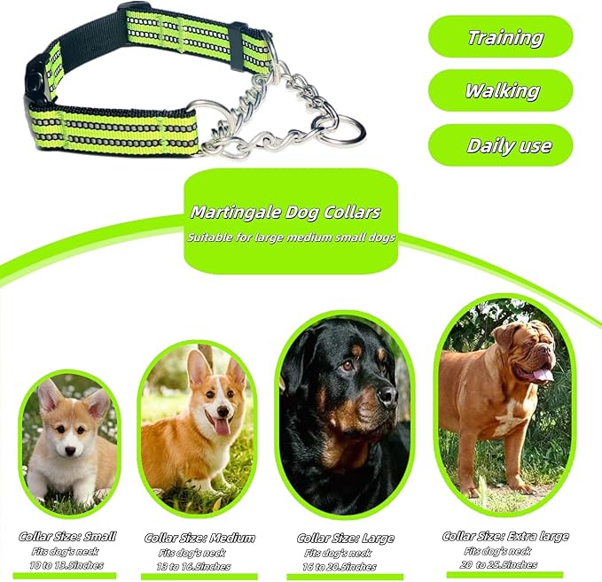 Martingale Dog Collars, Reflective Nylon Collar with Stainless Steel Chain, Adjustable Walking Training Dog Collars with Quick Release Buckle, Suitable for Small Medium Large Dogs(Green,XL)
