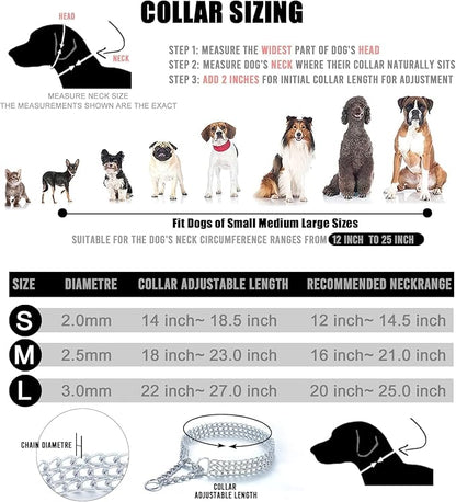 Silver Dog Chain Collar, Double Row Martingale Chain Dog Collars, Chew Proof Metal Cuban Link Dog Collar Adjustable for Small Medium Large Breed Dogs (2 Row, S)