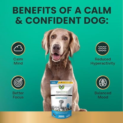 VetriScience Clinically Tested Composure Calm & Confident Chews - Supplement for Dogs with Anxiety, Stress & Fear with L-Theanine for Thunderstorms, Fireworks or Travel, Bacon, 60 Count
