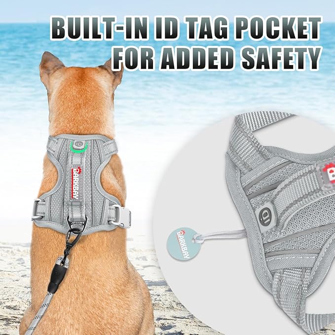 BARKBAY No Pull Dog Harness Large Reflective Dog Harness with Front Clip and Easy Control Handle for Walking Training Running with ID tag Pocket(Grey,M)