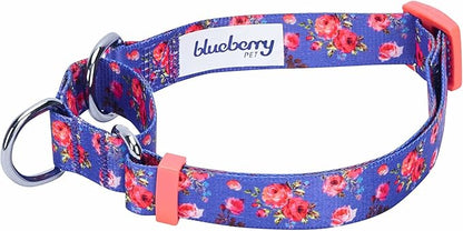 Blueberry Pet Spring Scent Inspired Rose Print Martingale Safety Training Dog Collar, Irish Blue, Small, Heavy Duty Adjustable Collars for Dogs