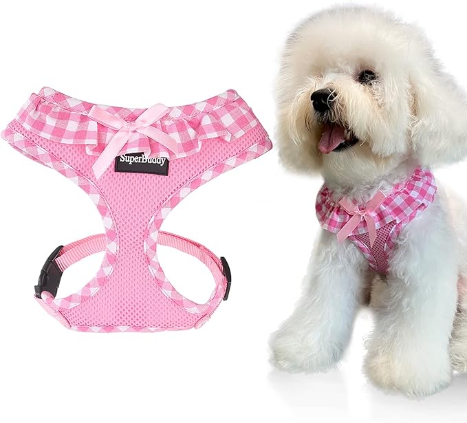SuperBuddy Upgraded Soft Mesh Dog Harness, Super Breathable Lightweight Pet Harnesses for Puppy Dogs Outdoor Walking, Pink Dog Harness -Large
