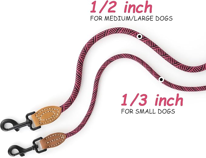 Mile High Life Small Dog Leash, Thin Rope Leash with Genuine Leather Connection and Heavy Duty Metal Clasp, Great for Small Medium Dogs(Pink,48 Inch-1/3)