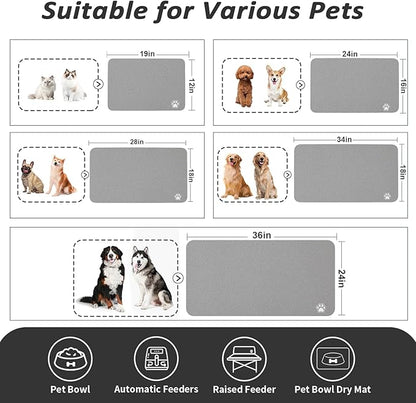 HotLive Dog Food Mat - Absorbent Cat Mat for Food and Water, No Stains Pet Feeding Bowl Mat, Easy to Clean Pet Placemats, Quick Dry Dog Water Dispenser Mat for Messy Drinkers | Paw Grey 24"x 36"
