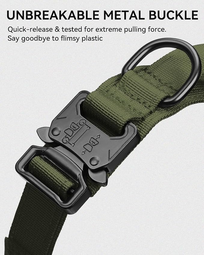 Joytale Tactical Dog Collar with Handle and Metal Buckle, Heavy Duty Padded Military Collar with 2 Patches for Training, Adjustable for Medium Dogs, ArmyGreen, M