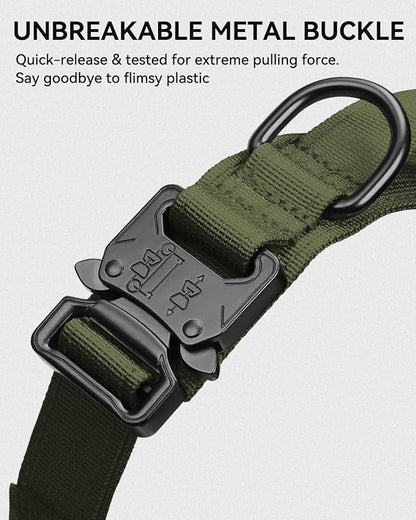 Joytale Tactical Dog Collar with Handle and Metal Buckle, Heavy Duty Padded Military Collar with 2 Patches for Training, Adjustable for Medium Dogs, ArmyGreen, M