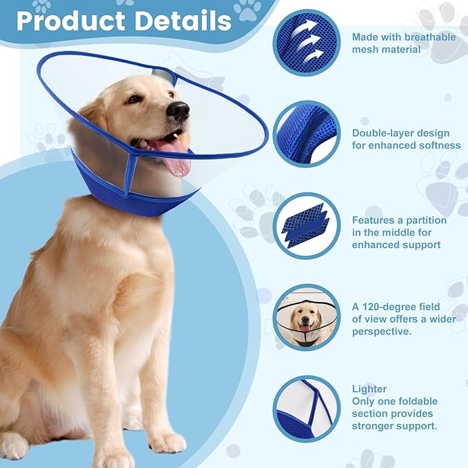 Upgraded Dog Cone Collar After Surgery, Soft Breathable Pet Recovery Collar with Double-Layer Design and Support Plate, Adjustable Dog Cone Collar for Large Medium Dogs, Elizabethan Collar（Blue，L）