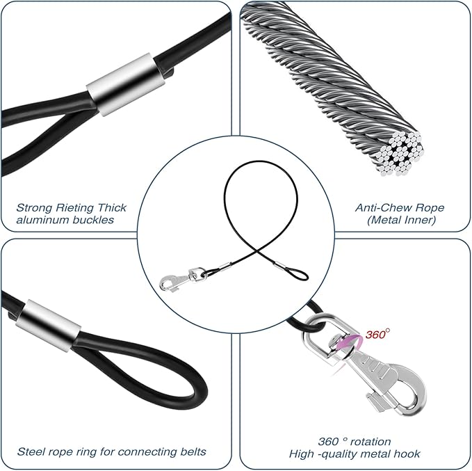 2 Pack Chew Proof Leash Extension Heavy Duty Dog Leash Extender Chew Proof Dog Leashes Non-Tangle Connect Leashes for Any Collar Harness, Black