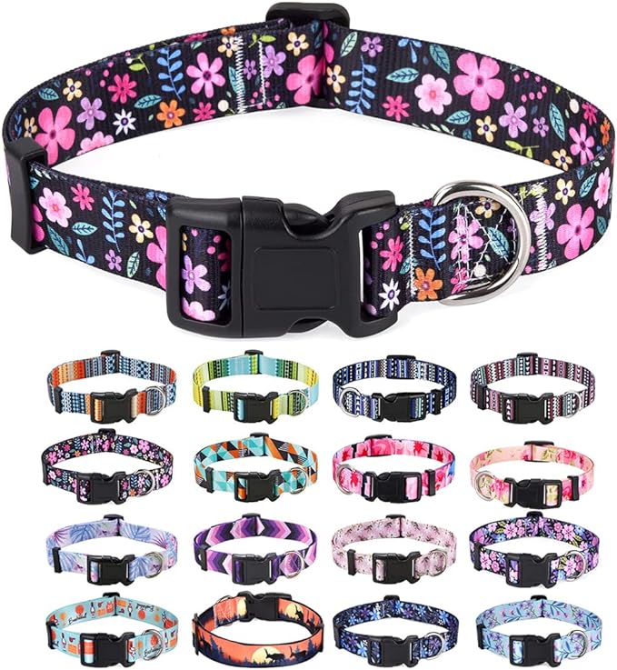 Mihqy Dog Collar with Bohemia Floral Tribal Geometric Patterns - Soft Ethnic Style Collar Adjustable for Small Medium Large Dogs(Floral,L)