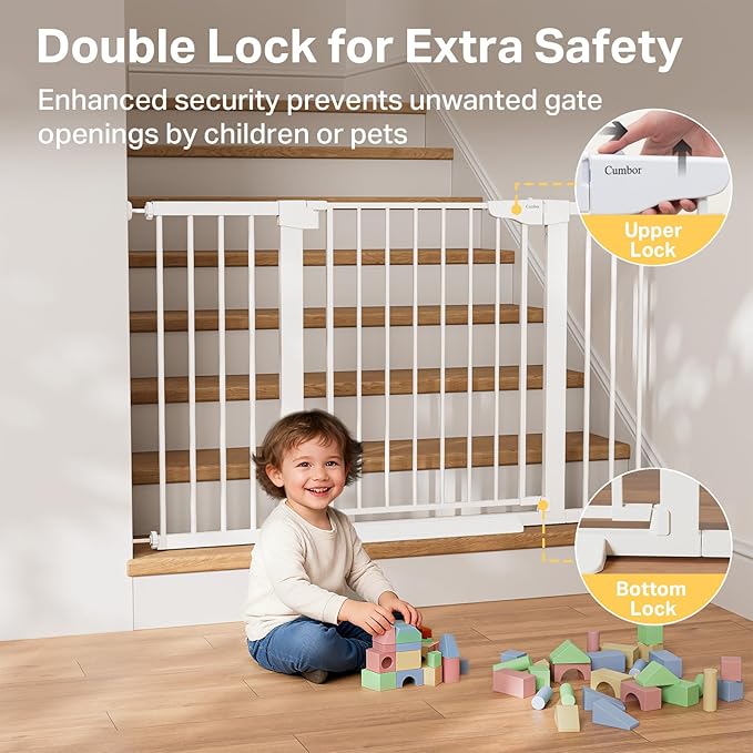 Cumbor 2 Pack 29.7-51.5" Extra Wide Baby Gate for Stairs, Easy Walk Through Dog Gates for Doorways, Pressure Mounted Pet Gate Indoor, Safety Auto-Close Child Gate for Kids with 4 Wall Cups, White