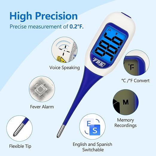 FDK Large LCD Screen Digital Thermometer for Fever, 8 Seconds Fast & Accurate Readings, Large LCD Dual Color Backlight Flexible Tip Ideal for Adults Kids and Babies FSA