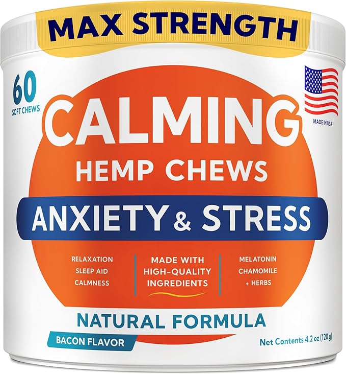 Advanced Calming Chews for Dogs - Hemp Treat + Melatonin + Valerian - Relaxing Bites - Calming Care - Stress Relief - Made in USA - Calm, Sleep Aid, Storms - 60Ct