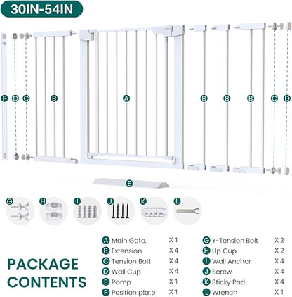 Cumbor 2 Pack 30-54" Baby Gate for Stairs, Dual Lock & Self-Closing Dog Gate for Doorways, Easy Install Pressure Mounted Pet Gates Indoor, Easy Walk Thru Wide Safety Proofing for Babies & Pets, White