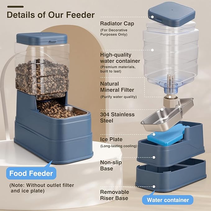 2 Pack Automatic Cat Feeder and Water Dispenser 1.3Gallon Dog Gravity Food Feeder and Water with Ice Pack Stainless Steel Dry Food and Waterer Bowl for Small Medium Large Pets (Blue)
