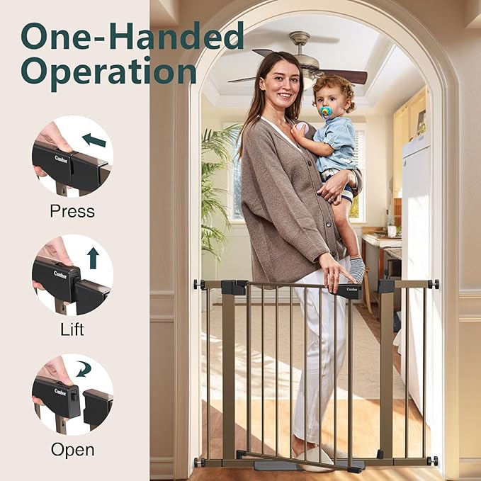 Cumbor 29.7-40.6" Baby Gate for Stairs, Mom's Choice Awards Winner-Dog Gate for Doorways, Pressure Mounted Auto-Close Pet Gates for Dogs Indoor, Safety Child Gate with Easy Walk Thru Door, Brown