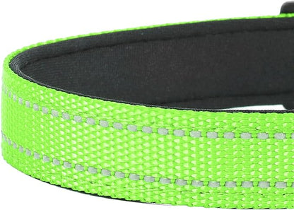Reflective Dog Collar, Adjustable Soft Neoprene Padded Nylon Pet Collars with Buckle for Extra Large Dogs, Green,XL