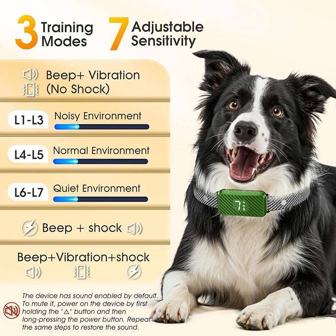 Dog Bark Collar for Large Medium Small Dogs, Effective No-Bark Collar, Smart Barking Collar, Rechargeable Bark Collar with 7 Sensitivity, 3 Modes, Waterproof, Green
