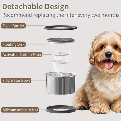 3.5L Dog Water Bowl No Spill 118oz Stainless Steel Water Bowl for Dogs No Splash Slow Water Feeder with Anti-Slip Mat for Messy Drinkers 3.5L+2 Filters