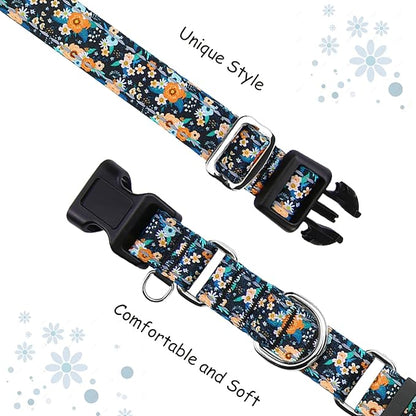 Reflective Martingale Dog Collar with Buckle Soft Nylon Floral No Slip Dog Collars for Large Dogs (Black Orange Flowers, L)