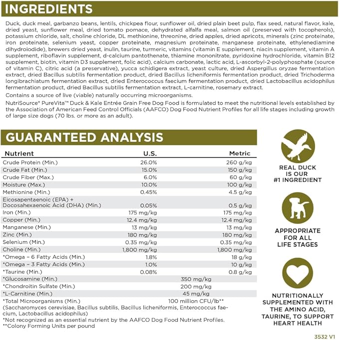 NutriSource Pure Vita Grain Free Duck & Kale Dog Food, 12LB