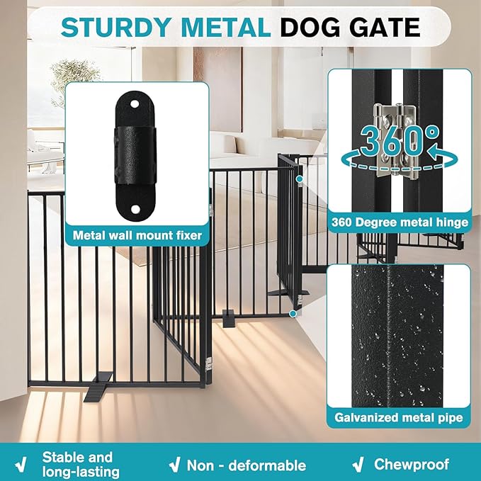 Snagle Paw Extra Wide Dog Gate,Free Standing Dog Fence with Door, Up to 208 Inch Wide Pet Gate with Support Feet for Stairs, Hallways, Doorways, Yard (Black, 8 Panels)