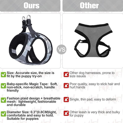 BEAUTYZOO Small Dog Harness and Leash Set,Step in No Choke No Pull Soft Mesh Dog Harnesses Reflective for Extra-Small Medium Puppy Dogs and Cats, Plaid Dog Vest Harness for XS S Pets, Grey XS