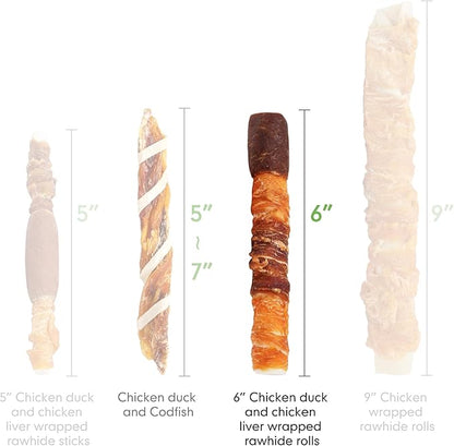MON2SUN Dog Treats, Triple Flavor 6 Inch Chicken Liver Duck and Chicken Wrapped Rawhide Sticks, Teeth Cleaning Snacks for Medium Dogs, 17.6 oz (10 Count-Pack of 2)