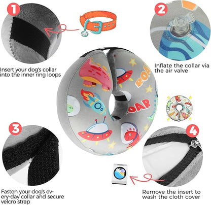 PAWCHIE Inflatable Dog Cone Collar Alternative, Soft Dog Cone for Medium to Large Dogs After Surgery, Adjustable Neck Recovery E-Collars Donut Collar with Cute Dinosaur Prints, Grey L