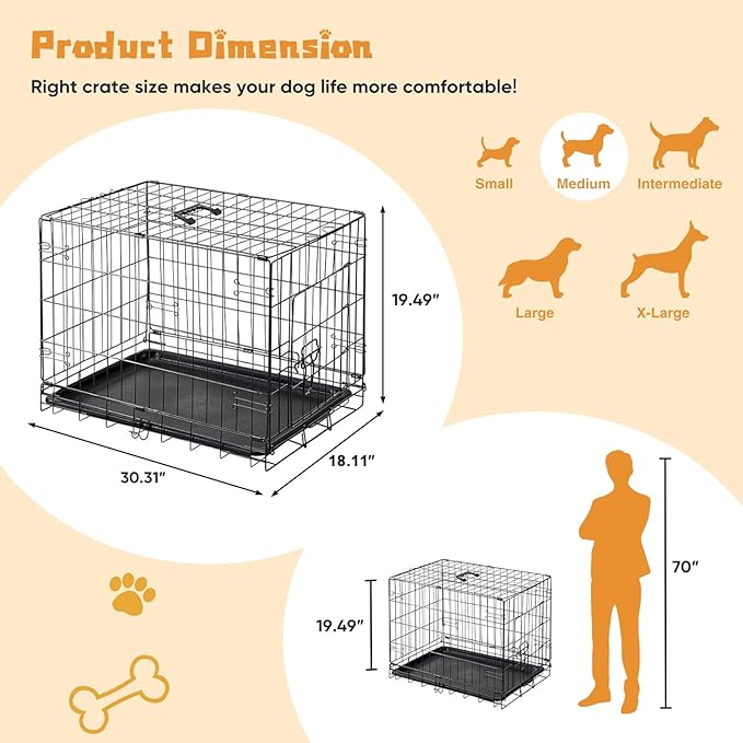 Dog Crate - Single Door 30 Inch Portable Puppy Dog Cage, Metal Wire Pet Kennel with Secure Lock, Leak-Proof Pan Tray, Foldable Design for Dogs Pets Indoor Training and Outdoor Trave