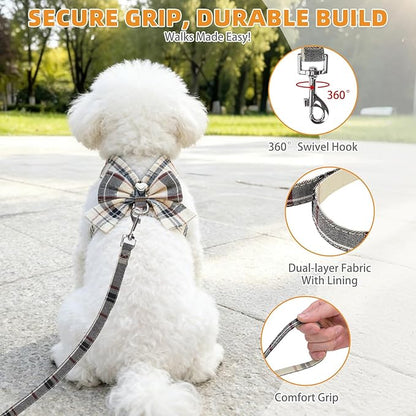 KOOLTAIL Small Dog Harness and Leash Set, Cute Puppy Vest Harnesses with Bowtie, Step in No Pull Soft Mesh Padded Adjustable Plaid Pet Harness for Extra-Samll Medium Dogs Cats, Boy Girl, XS-M, Beige S
