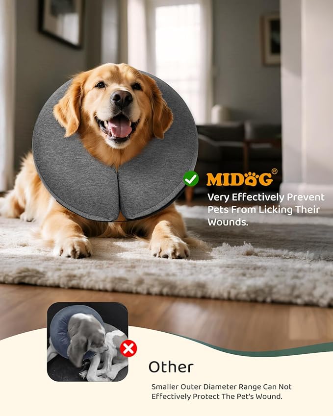 MIDOG Inflatable Dog Cone Collar – Soft Dog Cone Alternative After Surgery, Comfortable Recovery Neck Donut ECollar for Small Medium & Large Dogs and Cats to Stop Licking & Vision-Friendly (Grey,XS)
