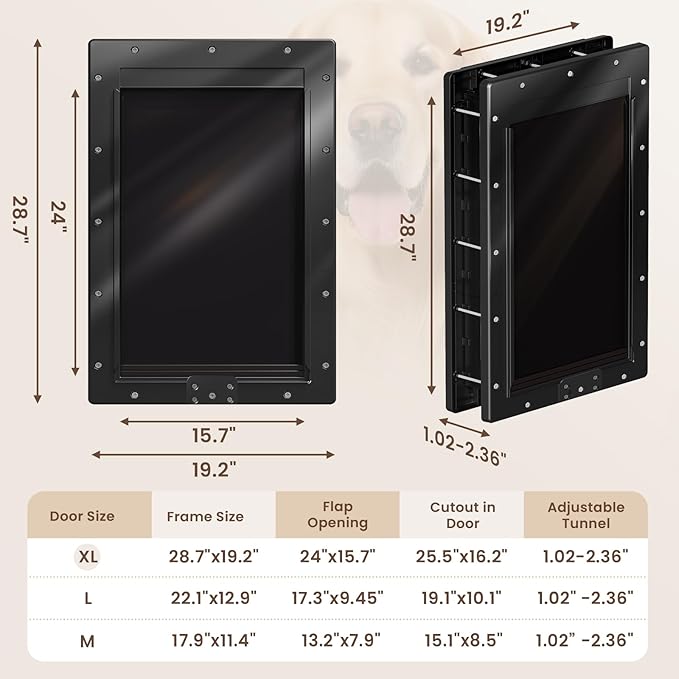 XL Dog Door for Door, Never Rust Plastic Extra Large Doggy Door for Interior and Exterior Doors, X Large Pet Door with 2 Magnetic Flaps, Closing Panel, Dog Doors for Pets Up to 220LB