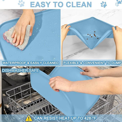 Smilool Silicone Pet Food Mat with Raised Edge for Food and Water Bowl, Dog Feeding Mats, Cat Food Trays for Floor Waterproof, Rubber Tray for Dogs and Cats, 24 x 16 x 0.8 Light Blue