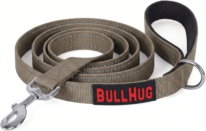 BULLHUG 6 FT Bulldog Leash with Padded Handle. Perfect for Bulldogs, French Bulldogs, Pugs & All Breeds. Leashes for Walking, Training Lead for Bulldogs (Reflective Stitching, Taupe)