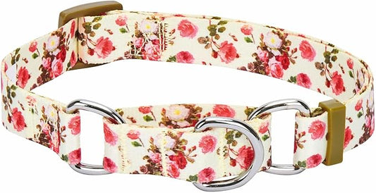 Blueberry Pet Spring Scent Inspired Rose Print Martingale Safety Training Dog Collar, Ivory, Large, Heavy Duty Adjustable Collars for Dogs