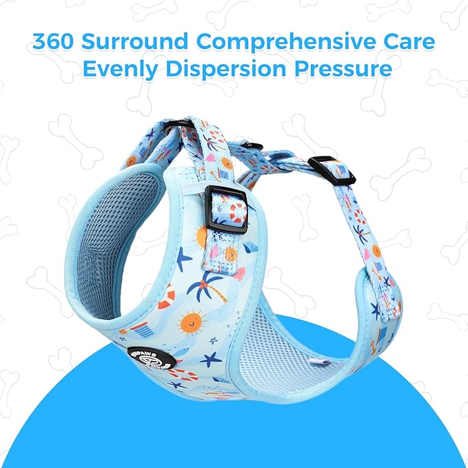 Dog Harness and Lead, Bow Tie Collar Set with Dog Poop Bag Holder and Bandanas, Escape Proof Adjustable Puppy Cat Vest with Soft Mesh Padded, Pet Supplies for Small Medium Dogs Kitten(Blue Beach, S)