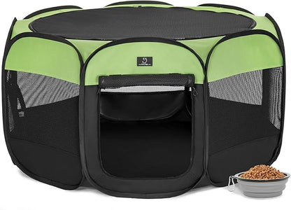 Dog Playpen for Small Dogs & Puppies, 40.55" Portable Indoor Outdoor Puppy Playpen with Bowl, Waterproof Floor, Foldable Pop-Up Pet Pen for Home, Travel & Daily Use, Green+Black