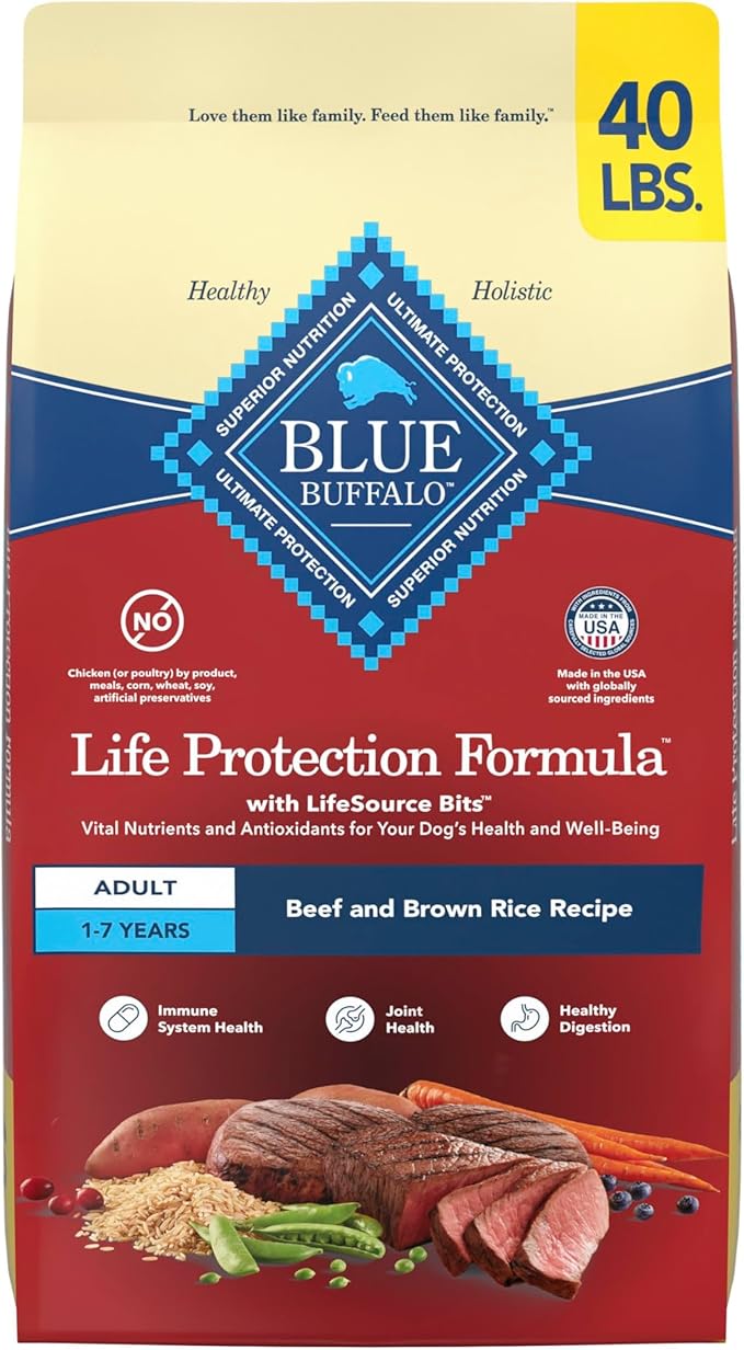 Blue Buffalo Life Protection Formula, Adult Dry Dog Food, Made with Natural Ingredients, Beef & Brown Rice, 40lb Bag