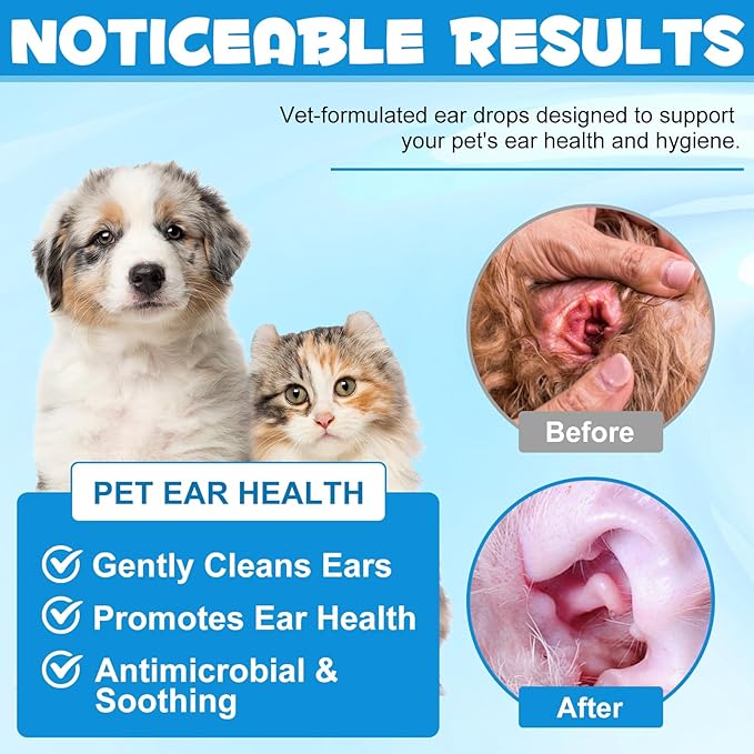 VOSIFSDIY Dog Cat Ear Infection Treatment Drops, Pets Ear Cleaning Drops with 1% Hydrocortisone for Dog & Cats Yeast Infection, Itchy Ear Relief, Pet Ear Care Supplies for Dogs & Cats -2fl oz(2PCS)