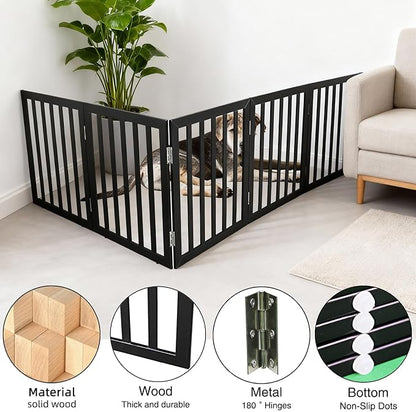 ZJSF Freestanding Indoor Dog Gate for House Foldable Wood Black Puppy Gate for Doorways Pet Gate for Stairs Extra Wide Pet Fence 32" Height 6 Panels