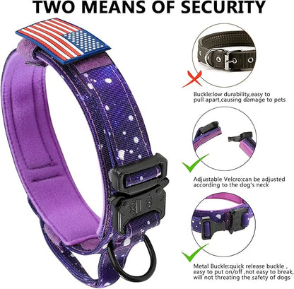 DAGANXI Tactical Dog Collar, Adjustable Military Training Nylon Dog Collar with Control Handle and Heavy Metal Buckle for Medium and Large Dogs, with Patches and Airtags Case (S, Purple Sky)